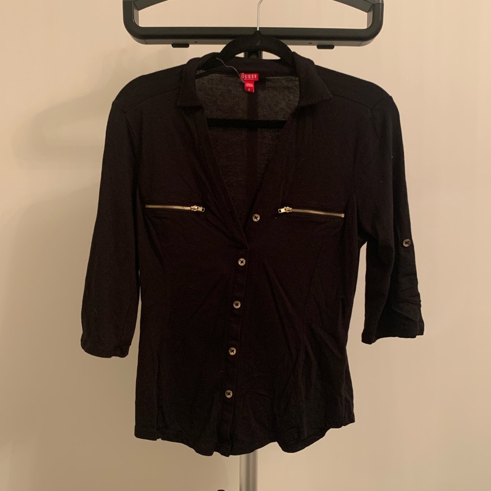 Guess Black Button Up Half Sleeve Top